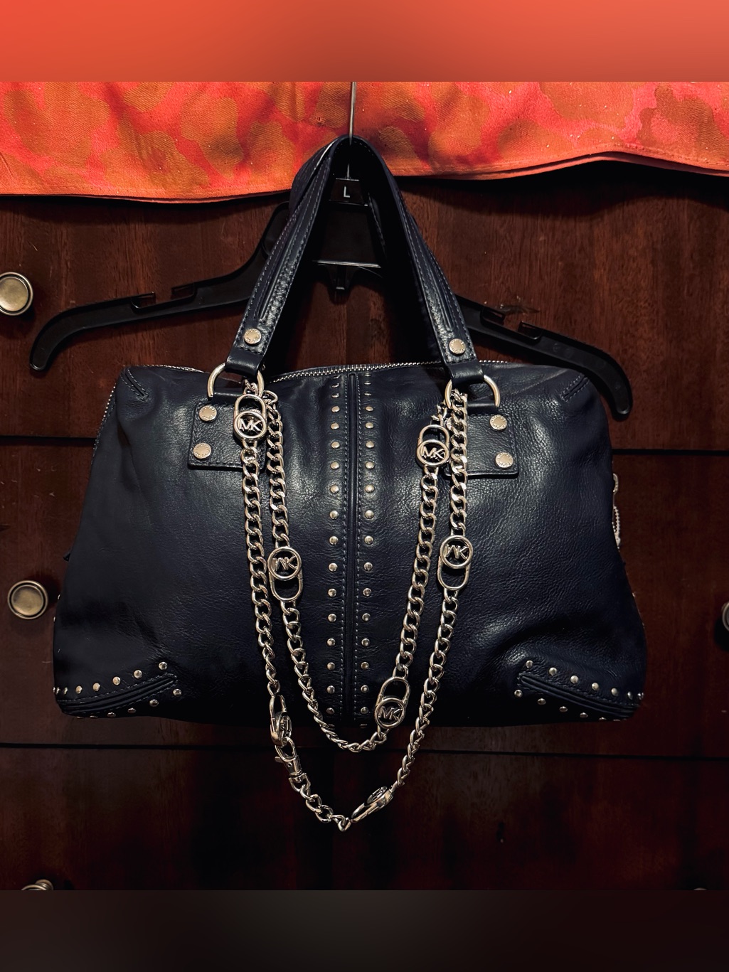 Michael Kors Black Satchel Top Handle Studded Mk Chain